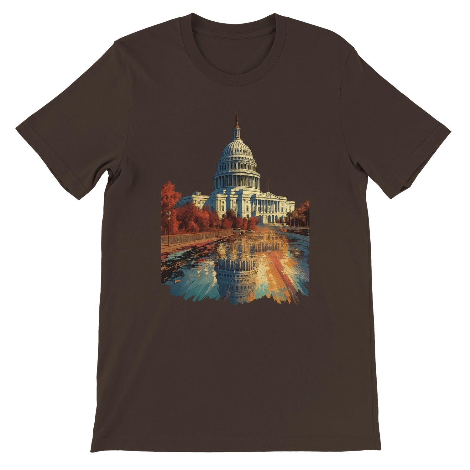 Brown t-shirt showcasing animated White House from Washington DC printed on soft eco-friendly cotton. A staple for lovers of global landmarks, travel fashion, and modern DTG streetwear.