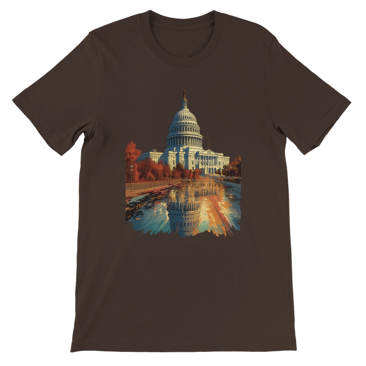 Brown t-shirt showcasing animated White House from Washington DC printed on soft eco-friendly cotton. A staple for lovers of global landmarks, travel fashion, and modern DTG streetwear.
