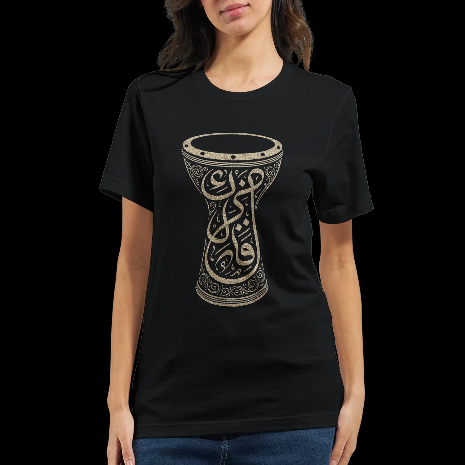 Unisex black t-shirt with elegant Arabic calligraphy print celebrating culture and modern streetwear identity. Made for print-on-demand with breathable ring-spun cotton this tee is eco-friendly lightweight and ideal for fashion-forward buyers looking for expressive minimalist apparel.