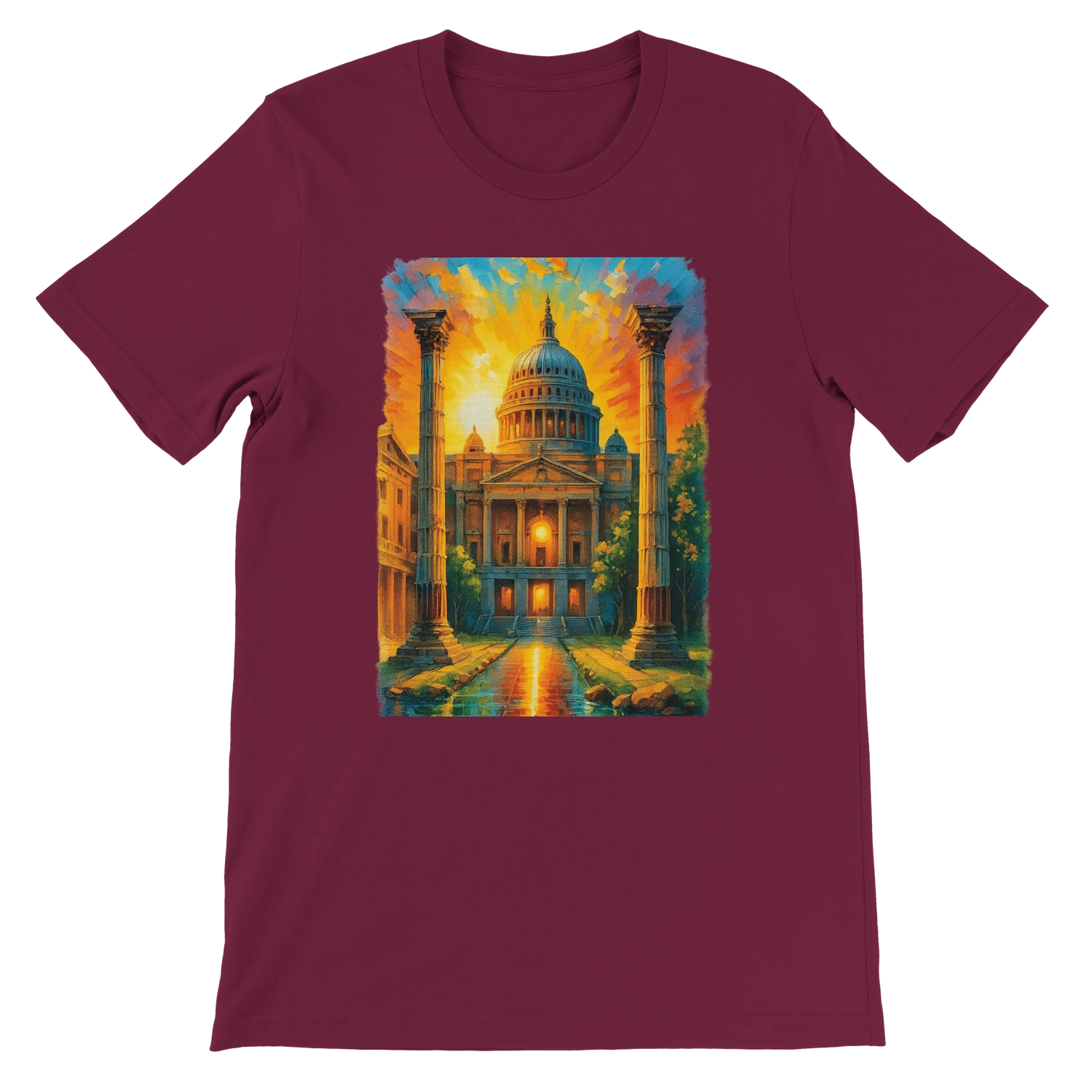 Maroon unisex tee with London’s St. Paul’s Cathedral in animated style. Artistic travel shirt made for comfort and fashion. Soft eco-conscious cotton blend perfect for DTG prints and expressive streetwear looks.