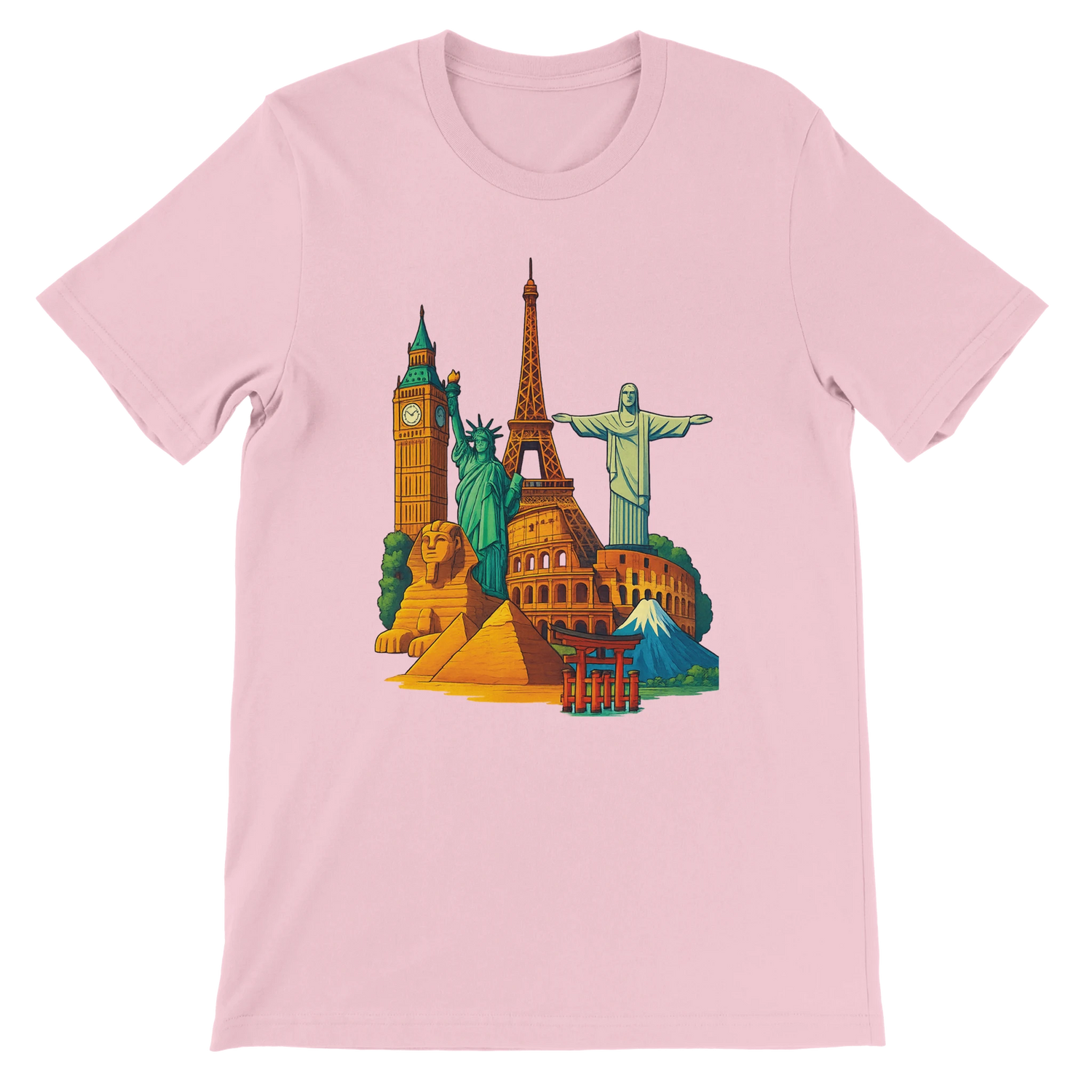 Pink Famous Landmarks Animated Style T-Shirt designed for travel lovers and culture explorers featuring animated illustrations of iconic monuments in a premium cotton unisex fit perfect for everyday street style travel wear and sustainable tourism inspired fashion