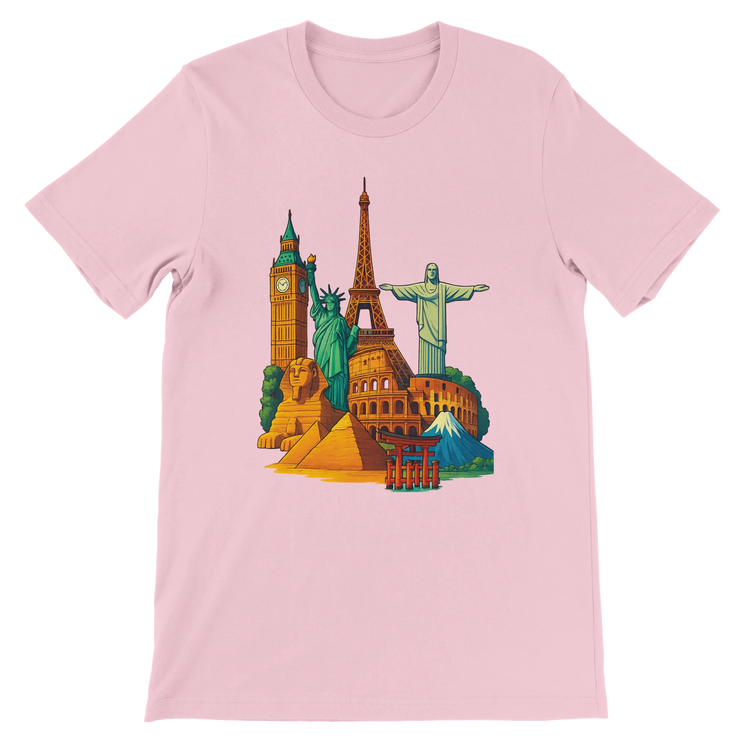 Pink Famous Landmarks Animated Style T-Shirt designed for travel lovers and culture explorers featuring animated illustrations of iconic monuments in a premium cotton unisex fit perfect for everyday street style travel wear and sustainable tourism inspired fashion