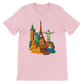 Pink Famous Landmarks Animated Style T-Shirt designed for travel lovers and culture explorers featuring animated illustrations of iconic monuments in a premium cotton unisex fit perfect for everyday street style travel wear and sustainable tourism inspired fashion