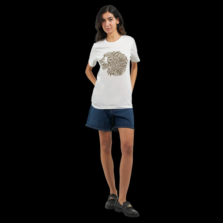 Arabic calligraphy t-shirt with gold print on white cotton shirt made for DTG printing and everyday streetwear. Perfect for modern Islamic fashion lovers and fans of minimalist artistic clothing with cultural identity.