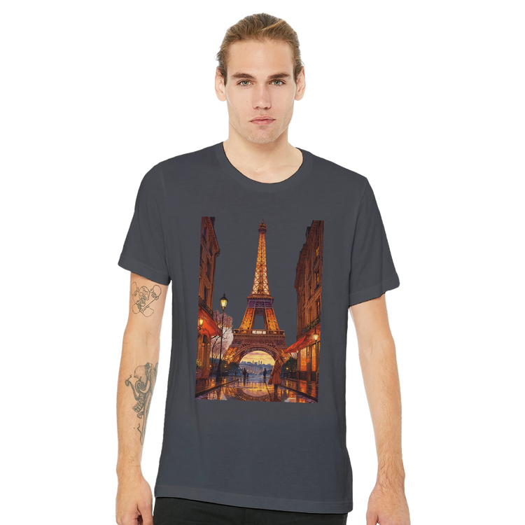 Eiffel Tower Paris souvenir t-shirt with colorful animated design premium cotton breathable unisex fit perfect Paris gift idea for travelers fashion lovers and global culture fans eco friendly print on demand tee