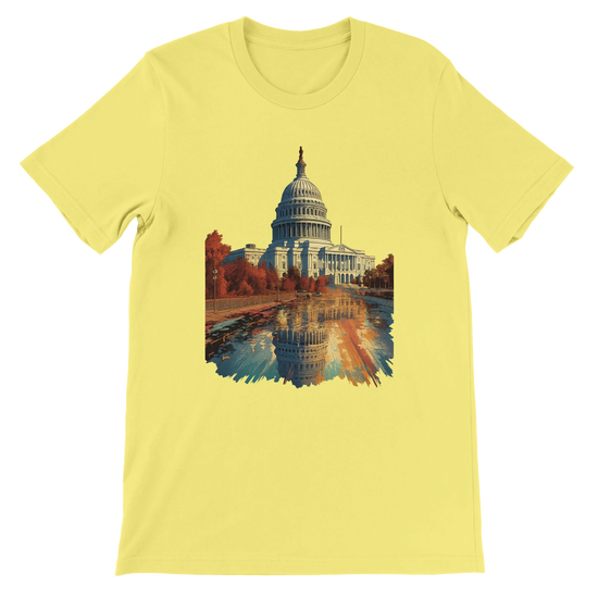 Yellow Washington DC landmark graphic tee featuring the White House in animated style printed on soft cotton. DTG-friendly unisex t-shirt with travel-themed streetwear flair and artistic city culture design.