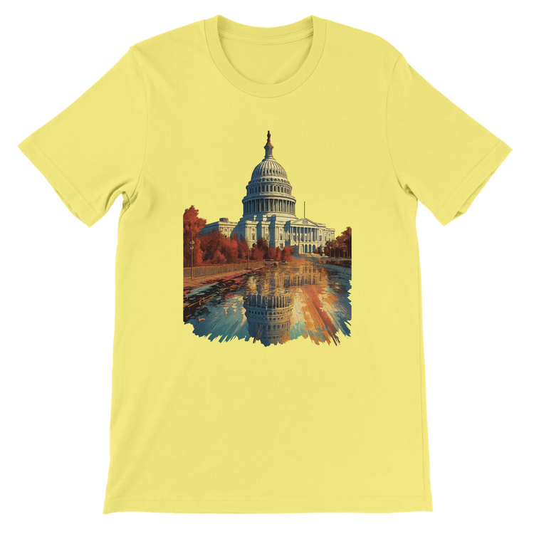 Yellow Washington DC landmark graphic tee featuring the White House in animated style printed on soft cotton. DTG-friendly unisex t-shirt with travel-themed streetwear flair and artistic city culture design.