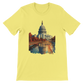 Yellow Washington DC landmark graphic tee featuring the White House in animated style printed on soft cotton. DTG-friendly unisex t-shirt with travel-themed streetwear flair and artistic city culture design.