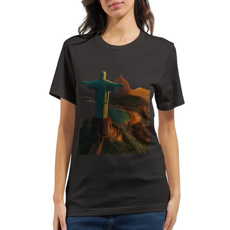 Christ the Redeemer Brazil tourist souvenir t shirt in colorful animated design. Premium breathable cotton travel tee for modern street style vacation wear and cultural fashion lovers.