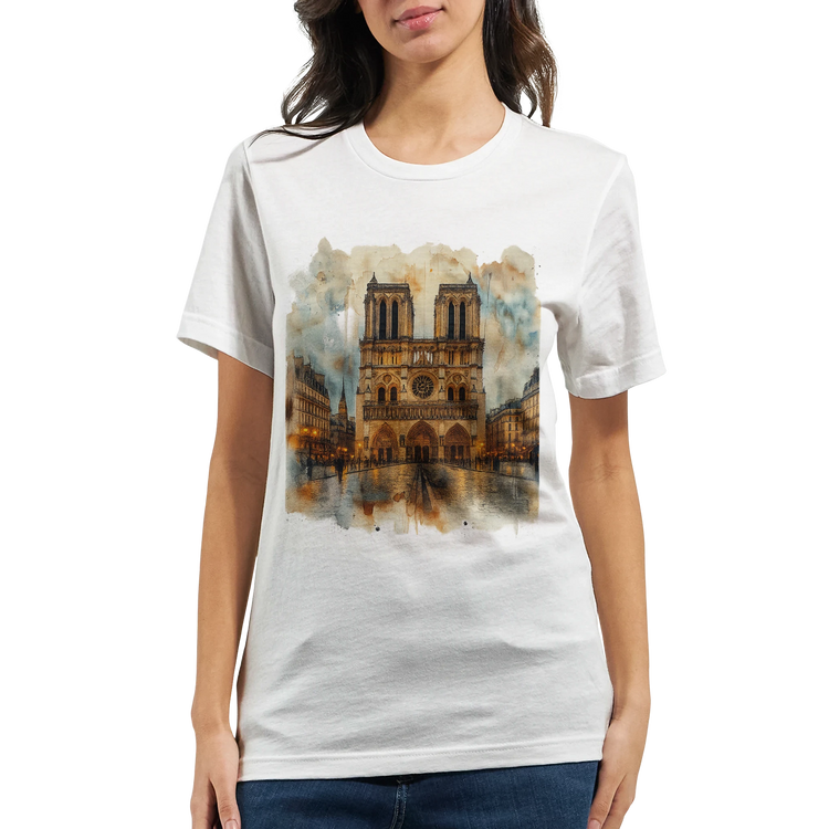 Artistic Notre Dame Cathedral Paris printed t shirt for travelers and city lovers. Bold landmark design with modern streetwear appeal crafted in eco friendly cotton for premium comfort and lasting style.