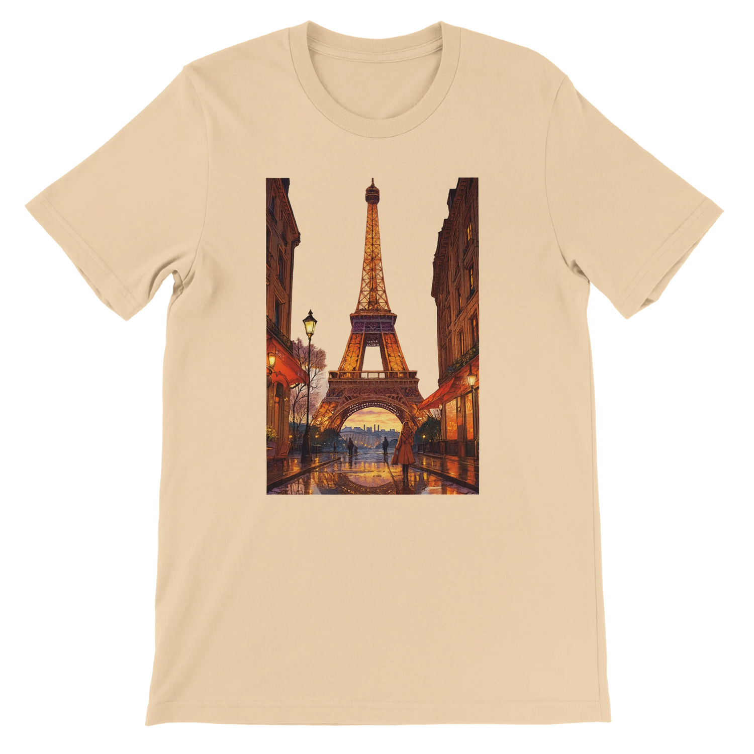 Soft cream unisex t-shirt with colorful animated Eiffel Tower Paris design ideal for travelers dreamers and streetwear fans crafted from 100 percent premium cotton breathable and eco friendly perfect for print on demand lovers