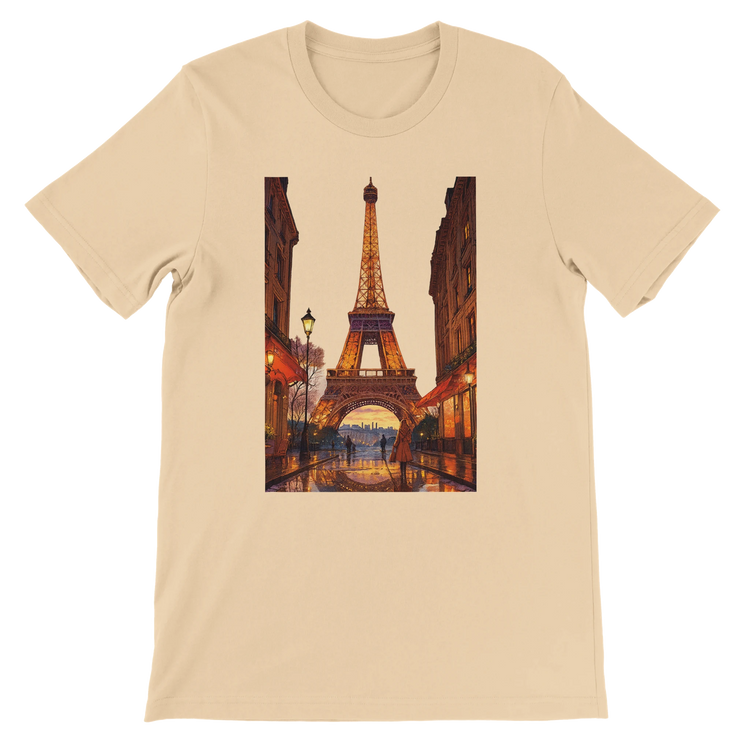 Soft cream unisex t-shirt with colorful animated Eiffel Tower Paris design ideal for travelers dreamers and streetwear fans crafted from 100 percent premium cotton breathable and eco friendly perfect for print on demand lovers
