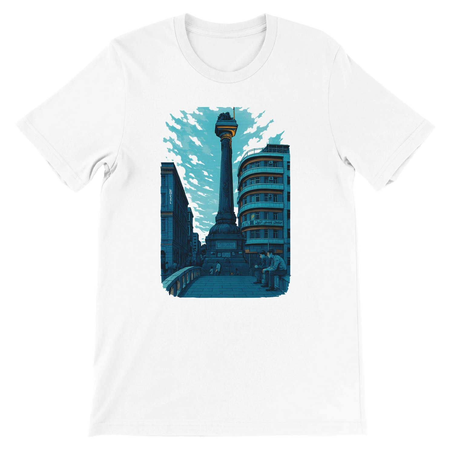 White unisex T shirt featuring Al Marjeh Square in Damascus Syria in animated artistic style soft cotton breathable fabric perfect for streetwear travel fashion cultural statement and print on demand apparel