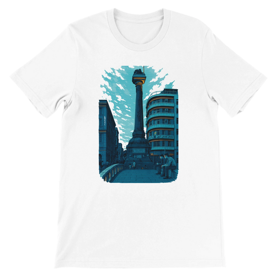White unisex T shirt featuring Al Marjeh Square in Damascus Syria in animated artistic style soft cotton breathable fabric perfect for streetwear travel fashion cultural statement and print on demand apparel