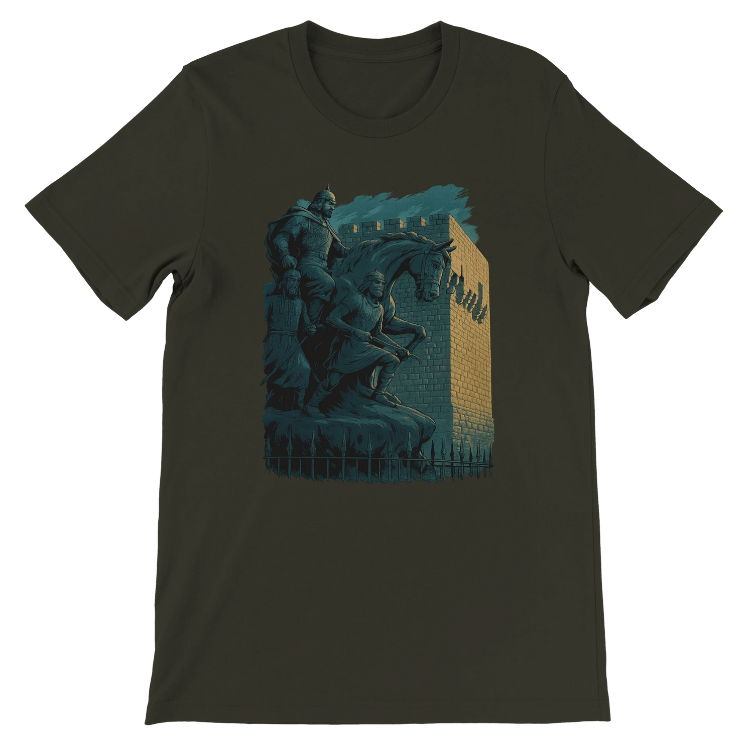 Dark olive t-shirt featuring animated interpretation of Salah Al Din statue in Syria. Heritage-rich fashion design for streetwear lovers and culture fans. Premium DTG friendly cotton tee with soft texture and tailored unisex fit.