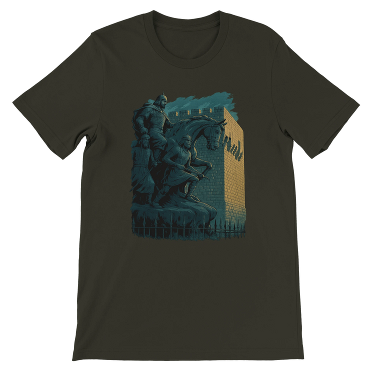 Dark olive t-shirt featuring animated interpretation of Salah Al Din statue in Syria. Heritage-rich fashion design for streetwear lovers and culture fans. Premium DTG friendly cotton tee with soft texture and tailored unisex fit.