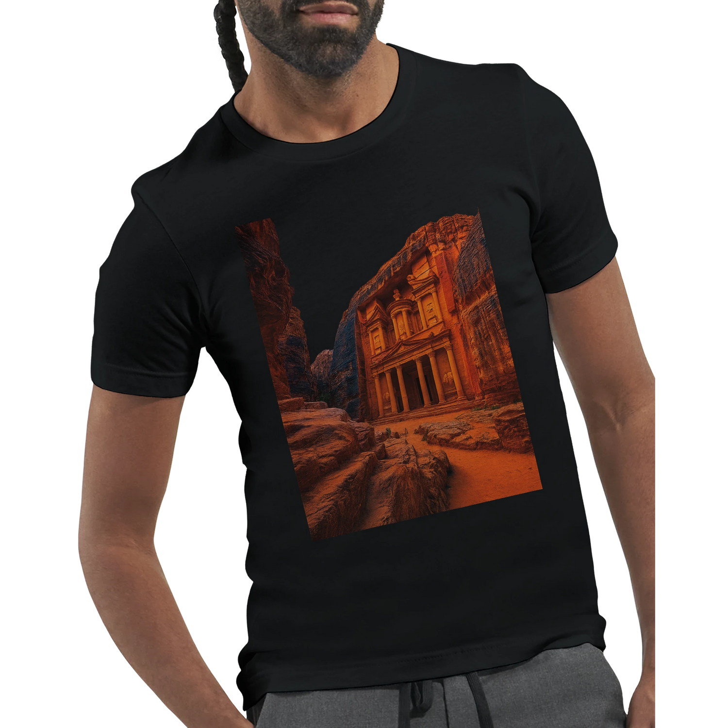 Petra Jordan world heritage site graphic tee featuring colorful historic landmark illustration eco friendly cotton modern unisex travel shirt ideal for wanderlust clothing and print on demand streetwear