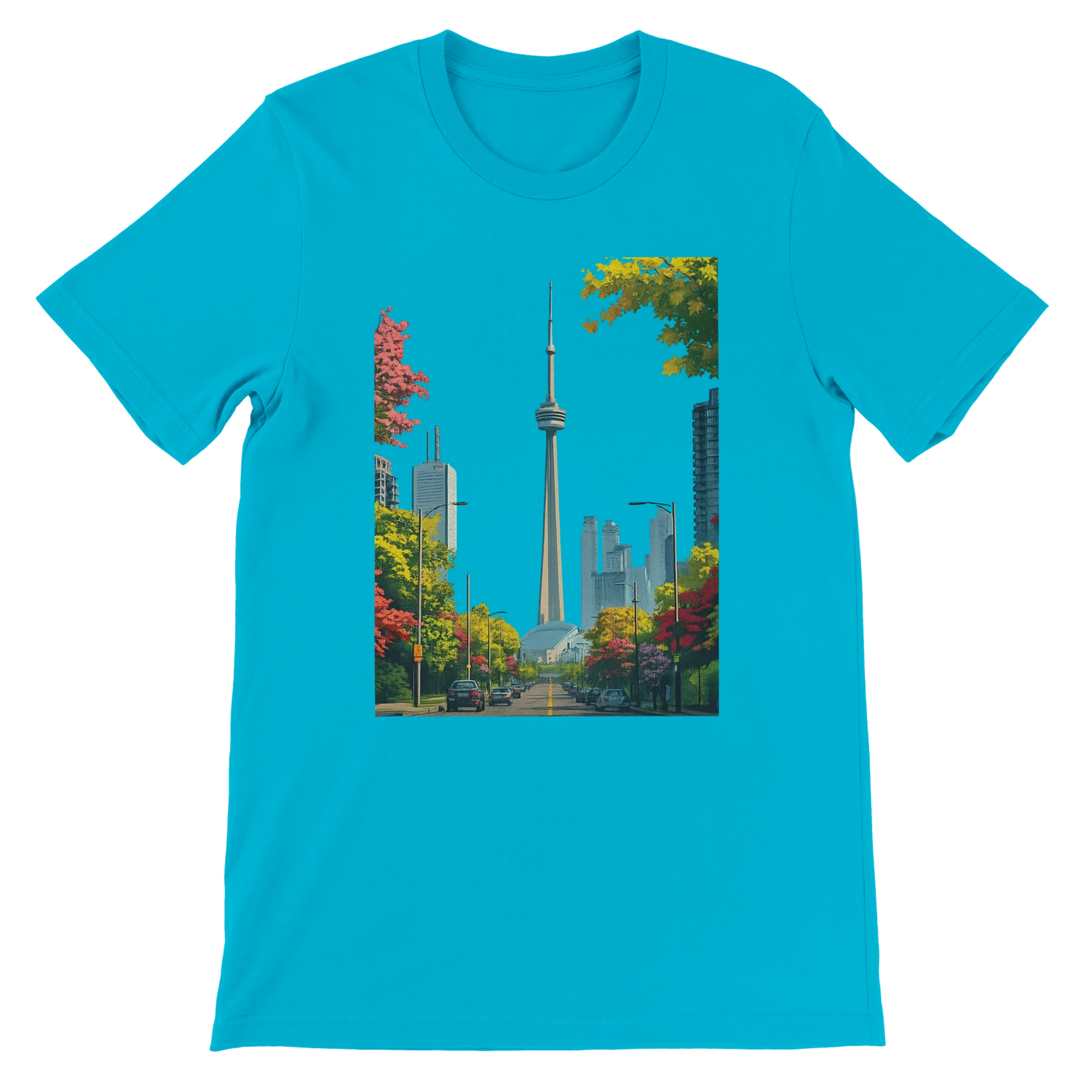 Turquoise Toronto skyline t shirt featuring animated CN Tower illustration with a bright and artistic city landscape. Travel inspired unisex streetwear made from soft premium cotton for all day comfort. Ideal for global culture lovers and those who enjoy vibrant landmark apparel.