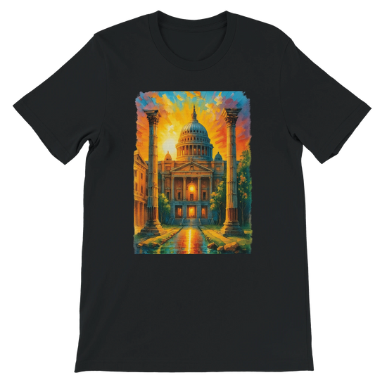 Black t-shirt featuring animated St. Paul’s Cathedral artwork representing London. Premium cotton streetwear tee for travelers and urban explorers. Vibrant DTG print with unisex tailored fit and bold cultural appeal.