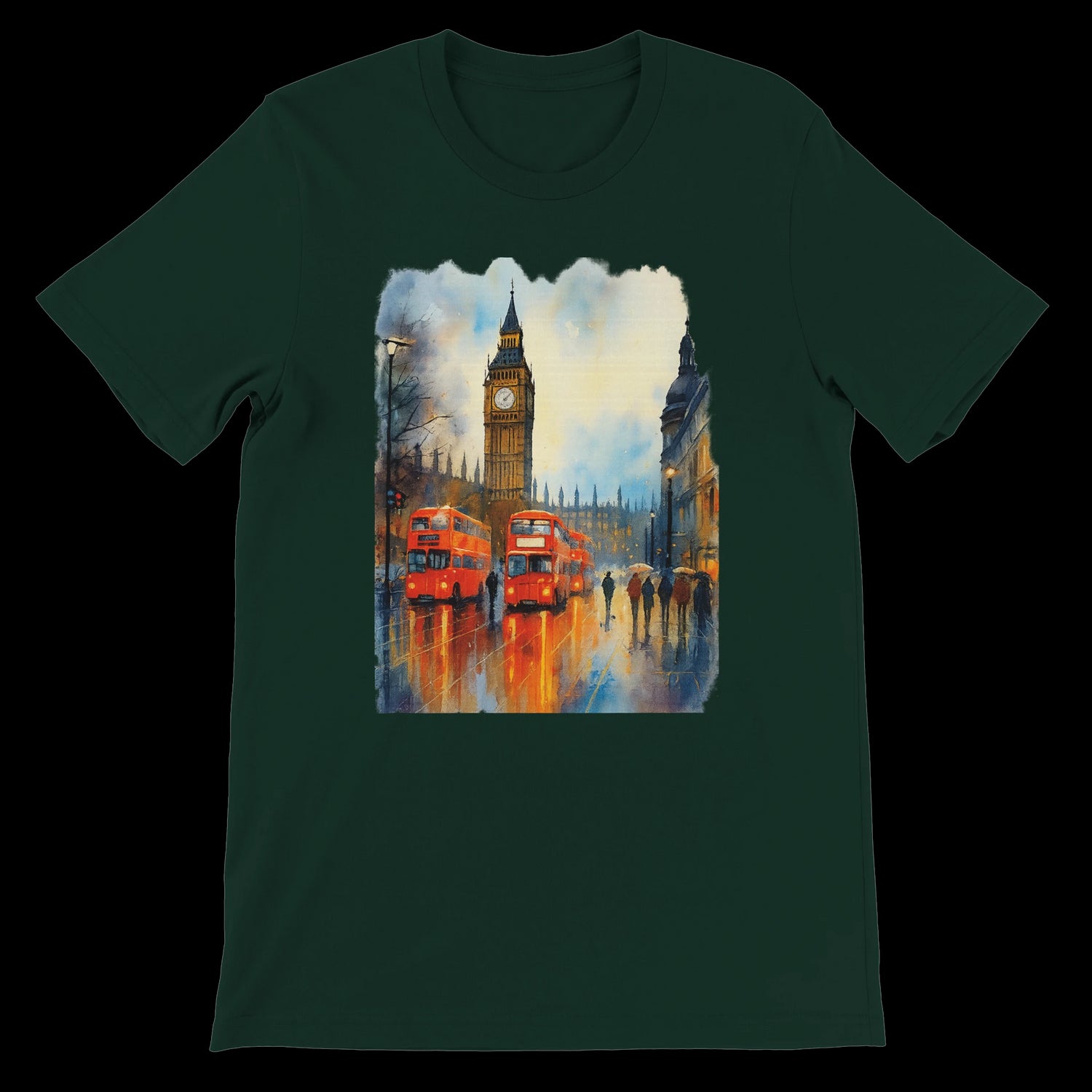Forest green t-shirt with London Big Ben and red buses graphic.