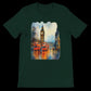Forest green t-shirt with London Big Ben and red buses graphic.