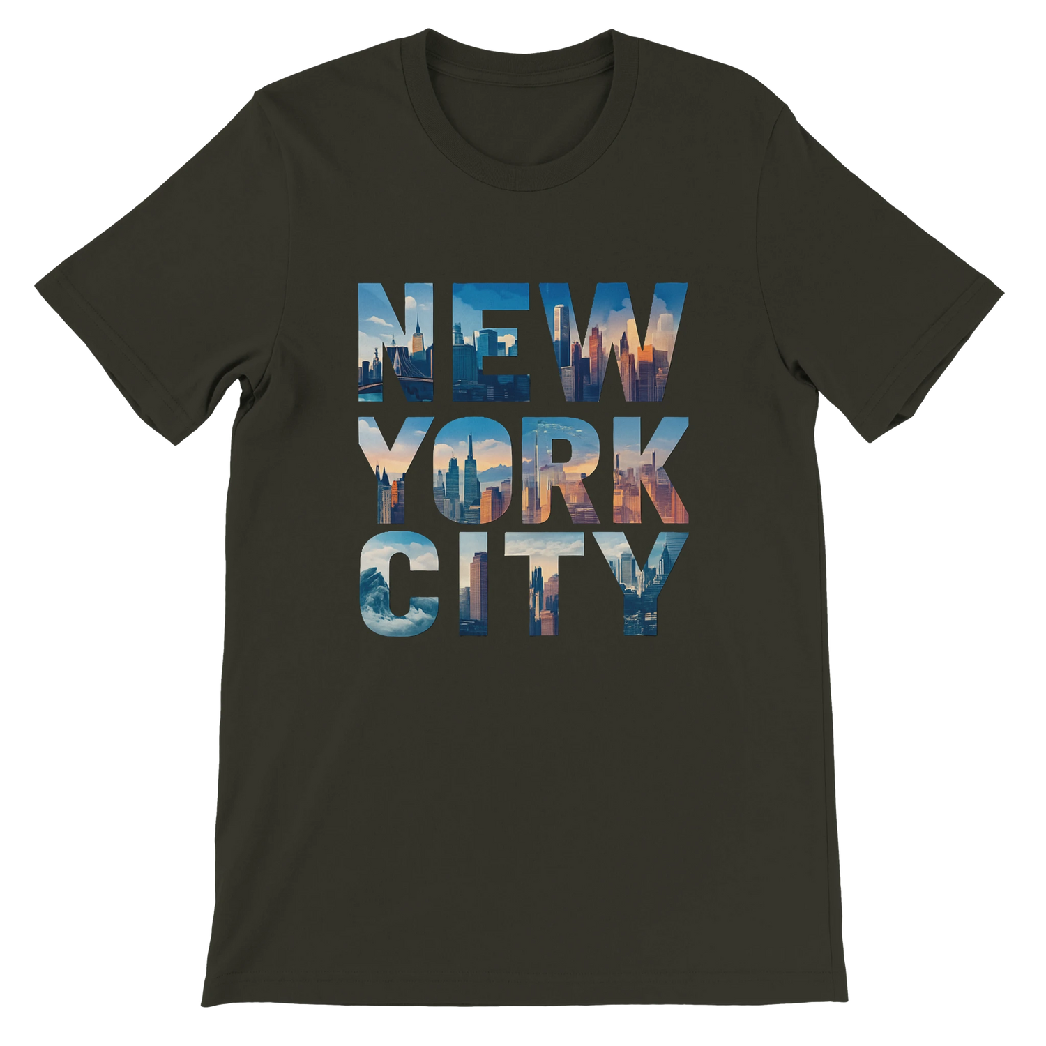 Dark olive New York City animated skyline t shirt soft cotton unisex fit perfect for travelers and city lovers stylish urban streetwear with modern landmark fashion design