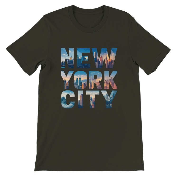 Dark olive New York City animated skyline t shirt soft cotton unisex fit perfect for travelers and city lovers stylish urban streetwear with modern landmark fashion design