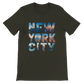 Dark olive New York City animated skyline t shirt soft cotton unisex fit perfect for travelers and city lovers stylish urban streetwear with modern landmark fashion design