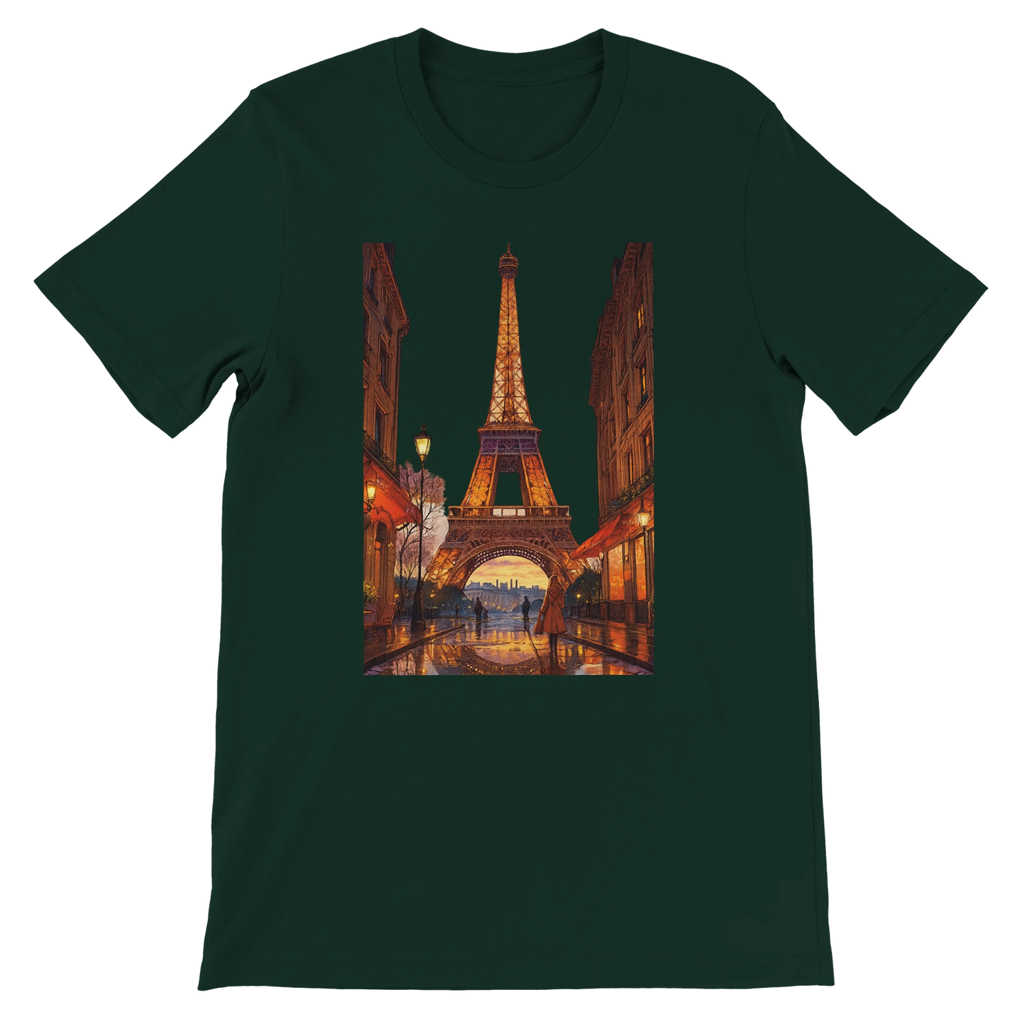 Forest green animated Eiffel Tower Paris t-shirt with colorful travel themed design premium breathable cotton unisex fit perfect for streetwear fashion travel outfits and eco friendly print on demand global culture clothing