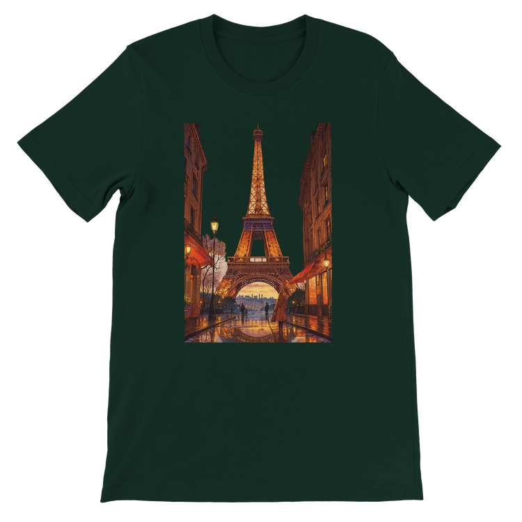 Forest green animated Eiffel Tower Paris t-shirt with colorful travel themed design premium breathable cotton unisex fit perfect for streetwear fashion travel outfits and eco friendly print on demand global culture clothing
