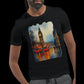 Man wearing a black London streetwear t-shirt featuring Big Ben and red double decker bus design.