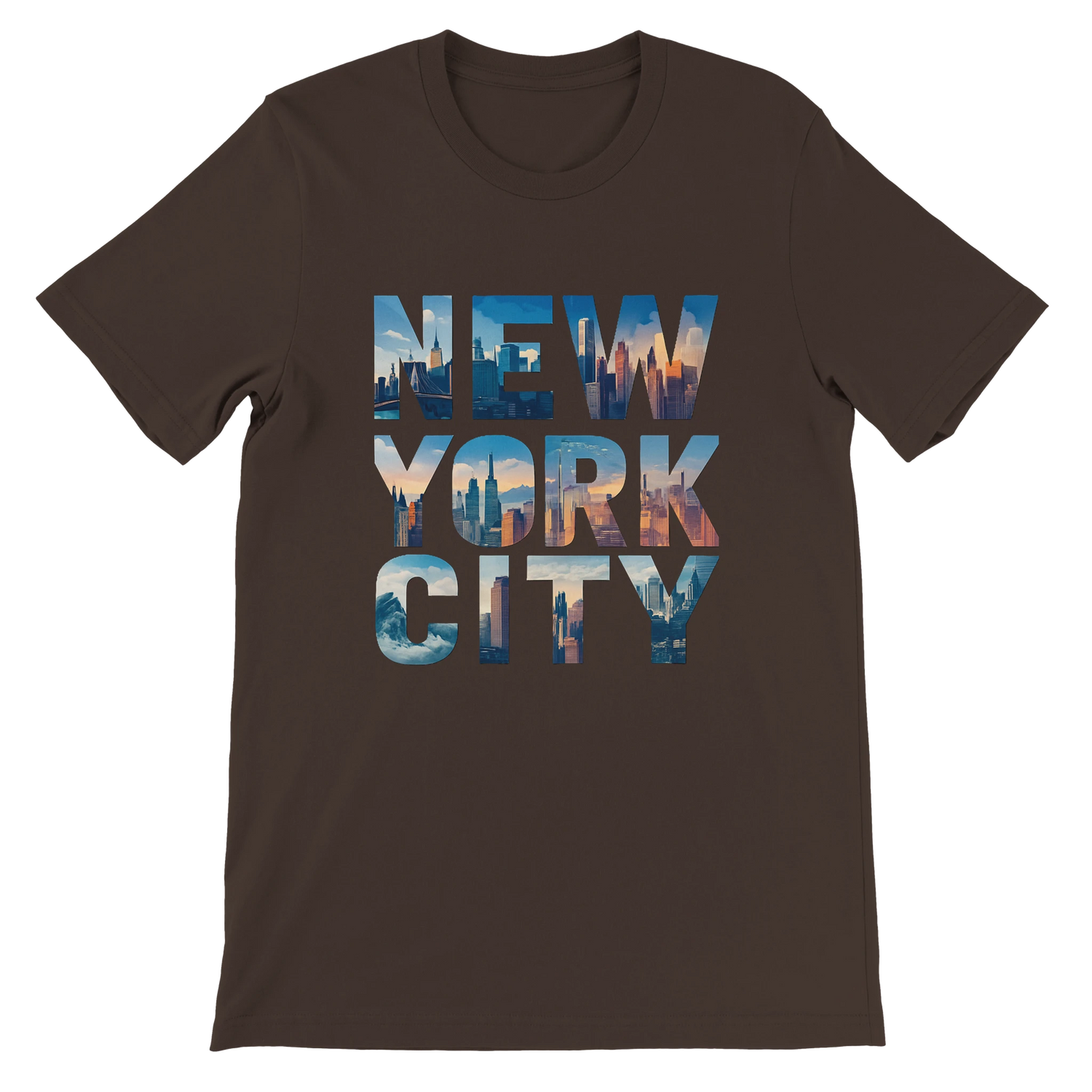 Brown New York City graphic t shirt with animated skyline inside bold lettering breathable cotton urban streetwear design perfect for travelers and modern city fashion