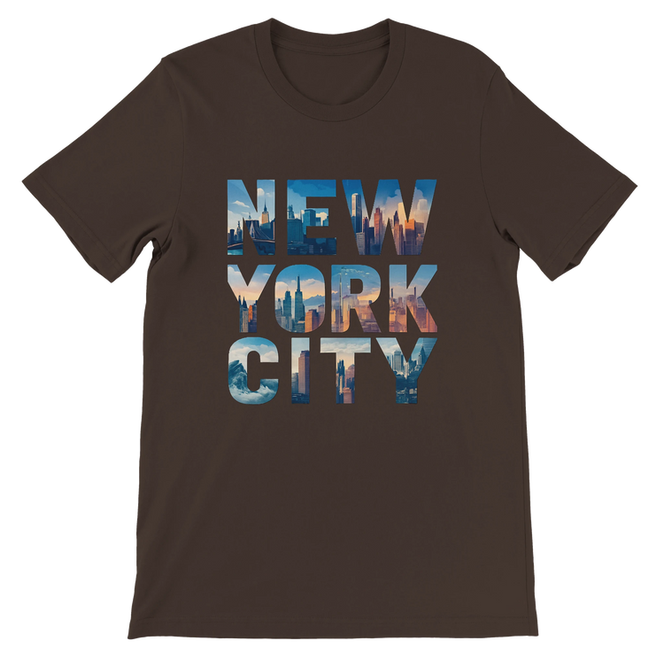 Brown New York City graphic t shirt with animated skyline inside bold lettering breathable cotton urban streetwear design perfect for travelers and modern city fashion