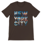 Brown New York City graphic t shirt with animated skyline inside bold lettering breathable cotton urban streetwear design perfect for travelers and modern city fashion
