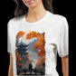 Travel-inspired t-shirt with pagoda, red umbrella, and bridge scene.