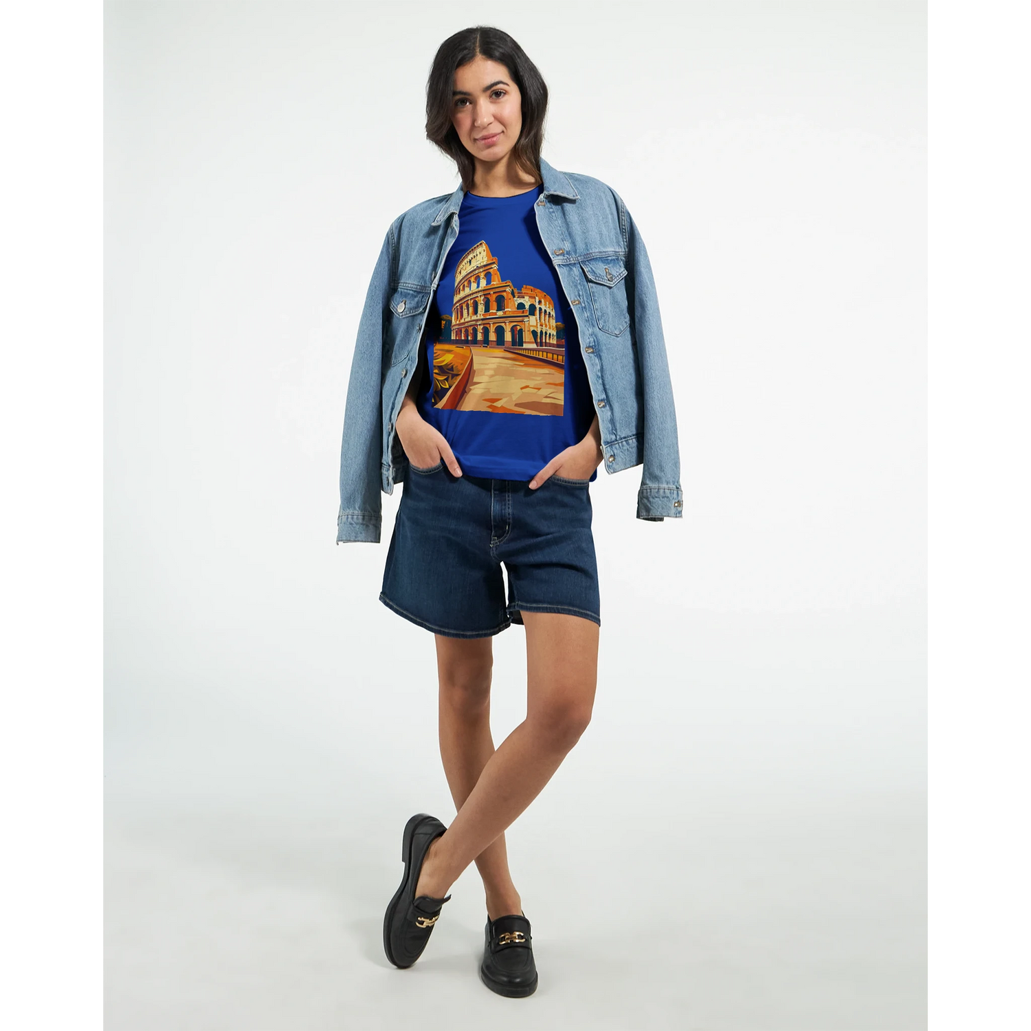 Tourist attraction art shirt with animated Roman Colosseum print for vacation wear, cultural festivals and casual streetwear outfits. Made with eco friendly cotton for travel and daily fashion.
