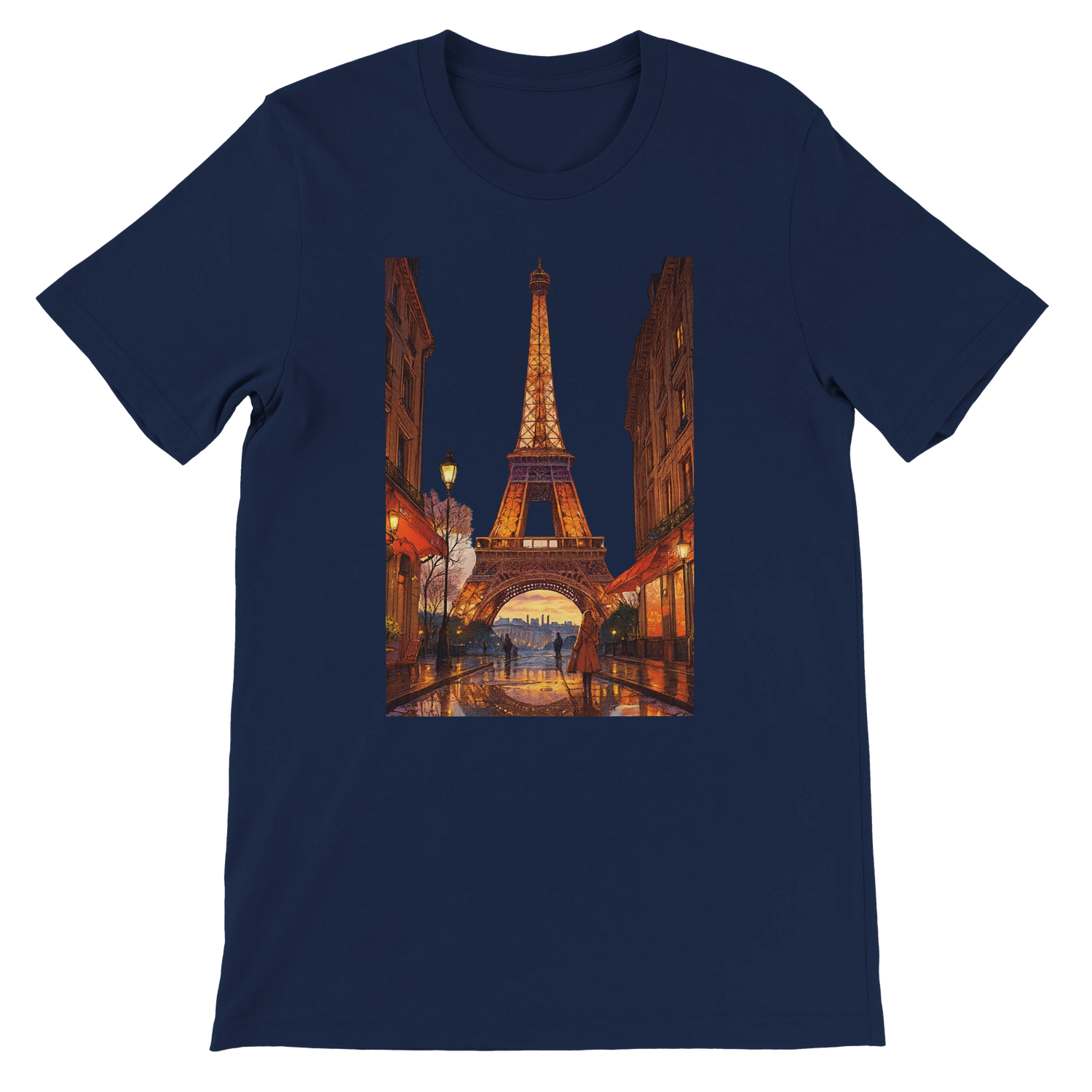 Navy animated Eiffel Tower Paris t-shirt in stylish travel streetwear design crafted from premium breathable cotton unisex fit eco friendly print on demand clothing ideal for fashion conscious travelers and global culture lovers