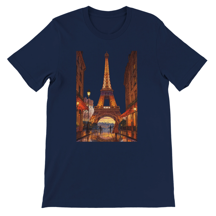 Navy animated Eiffel Tower Paris t-shirt in stylish travel streetwear design crafted from premium breathable cotton unisex fit eco friendly print on demand clothing ideal for fashion conscious travelers and global culture lovers