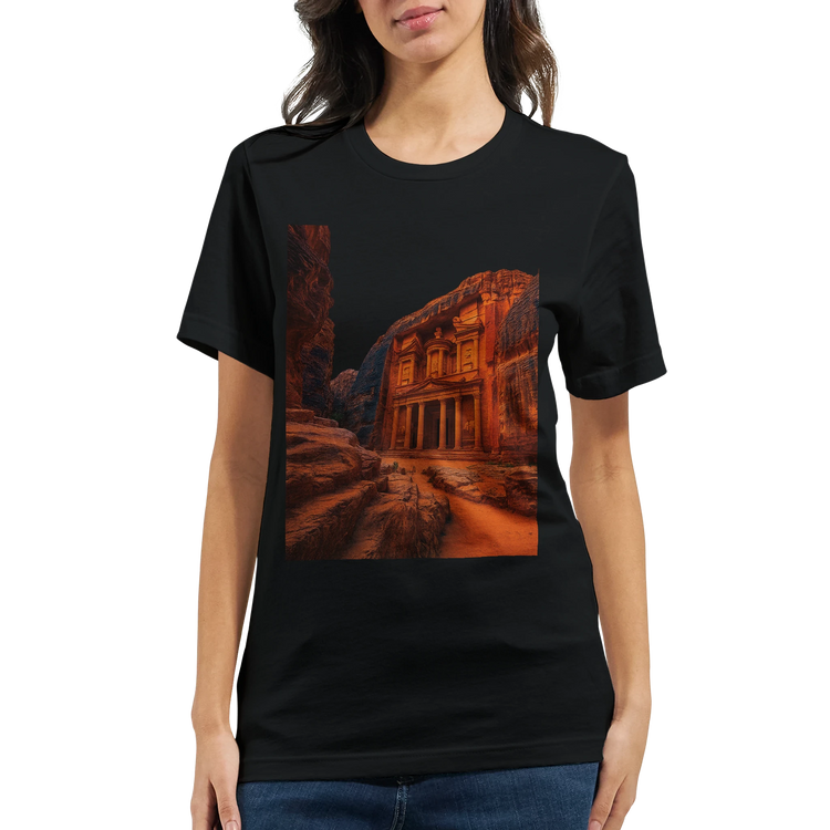 Travel inspired Petra Jordan animated style t shirt premium cotton tailored fit bright DTG printed design perfect for tourism lovers street fashion adventure wear and cultural lifestyle apparel