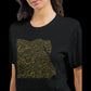Close-up of a black t-shirt with gold Egypt map calligraphy design.
