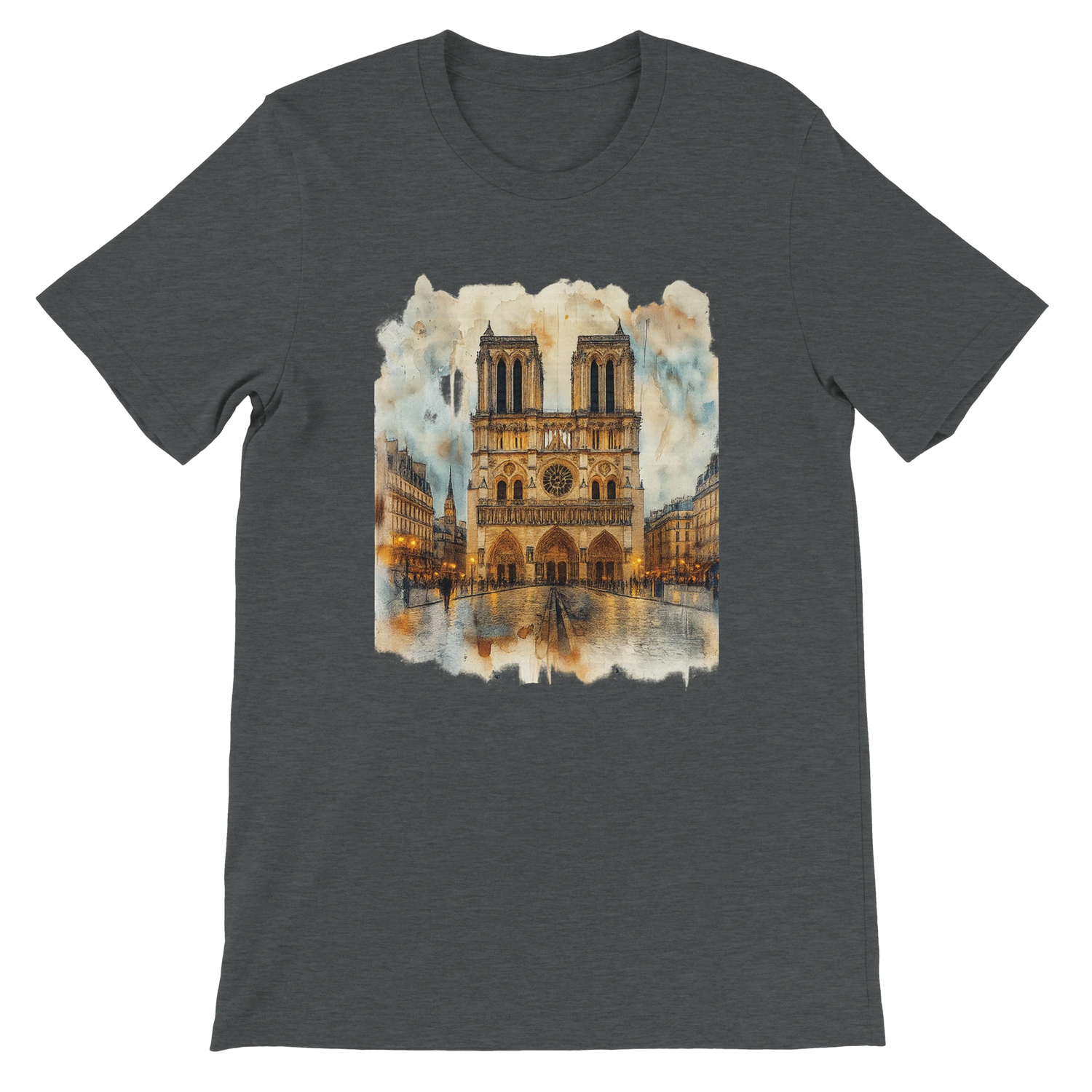 Dark grey heather Notre Dame Cathedral Paris landmark t shirt with bold animated city design. Premium quality eco friendly unisex tee perfect for urban fashion, travel lovers, and modern street style. Comfortable cotton fabric designed for lasting print vibrancy.