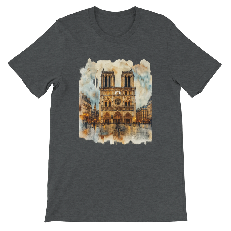 Dark grey heather Notre Dame Cathedral Paris landmark t shirt with bold animated city design. Premium quality eco friendly unisex tee perfect for urban fashion, travel lovers, and modern street style. Comfortable cotton fabric designed for lasting print vibrancy.