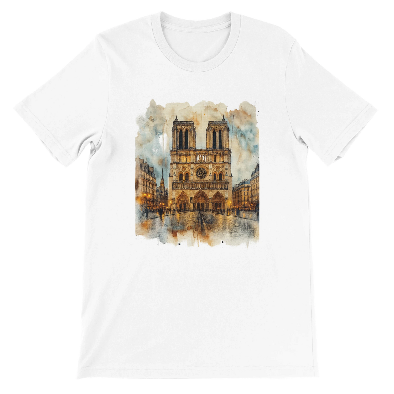 White Notre Dame Cathedral Paris France graphic t shirt featuring bold animated landmark artwork in vibrant colors. Premium unisex streetwear top made from soft Airlume cotton with eco friendly production. Perfect for travel lovers, city culture fashion, and casual wear with a unique artistic design.
