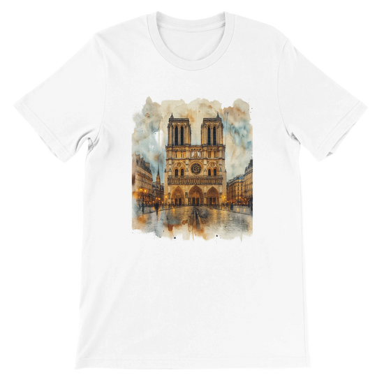 White Notre Dame Cathedral Paris France graphic t shirt featuring bold animated landmark artwork in vibrant colors. Premium unisex streetwear top made from soft Airlume cotton with eco friendly production. Perfect for travel lovers, city culture fashion, and casual wear with a unique artistic design.