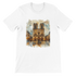 White Notre Dame Cathedral Paris France graphic t shirt featuring bold animated landmark artwork in vibrant colors. Premium unisex streetwear top made from soft Airlume cotton with eco friendly production. Perfect for travel lovers, city culture fashion, and casual wear with a unique artistic design.