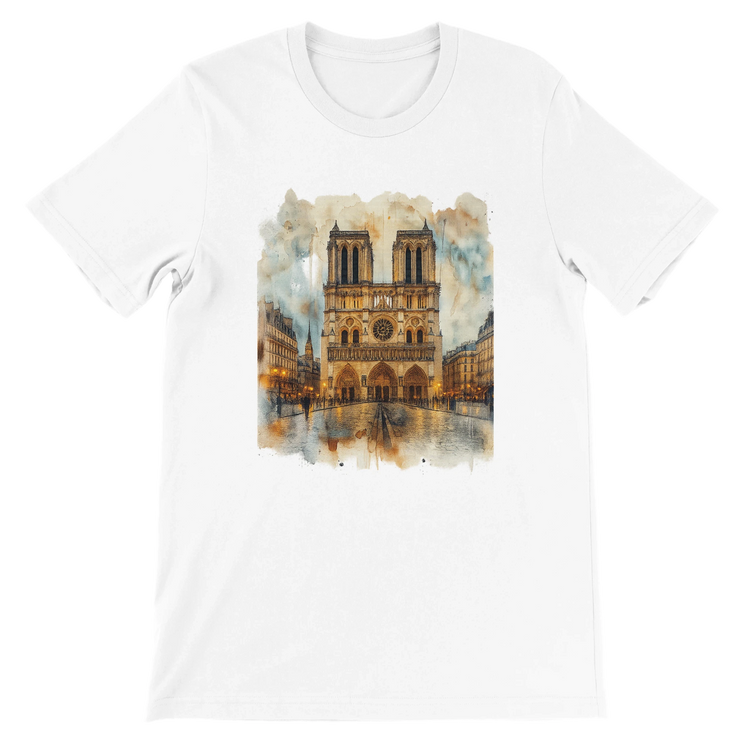 White Notre Dame Cathedral Paris France graphic t shirt featuring bold animated landmark artwork in vibrant colors. Premium unisex streetwear top made from soft Airlume cotton with eco friendly production. Perfect for travel lovers, city culture fashion, and casual wear with a unique artistic design.