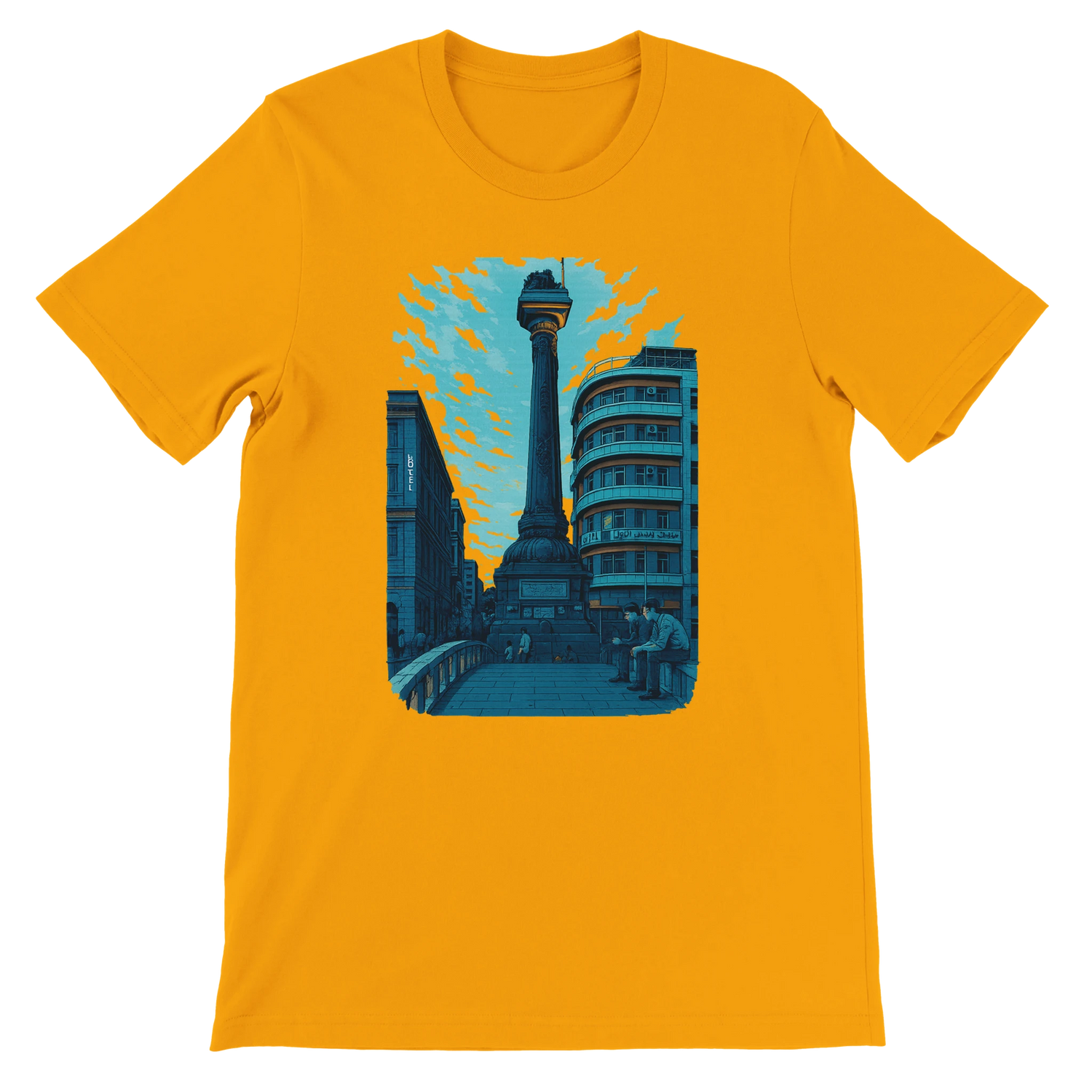 Gold premium cotton T shirt showcasing animated Al Marjeh Square Damascus Syria design comfortable and durable shirt for streetwear enthusiasts cultural fashion fans and travelers
