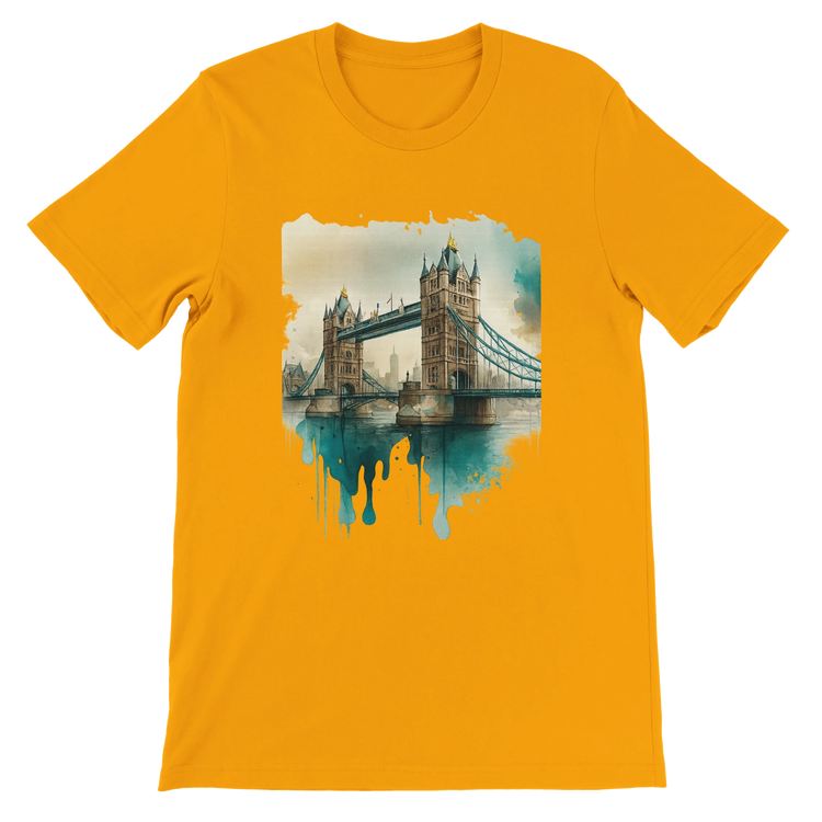 Gold London Tower Bridge animated landmarks t-shirt – bold urban fashion tee featuring vibrant travel-inspired artwork. Soft cotton, DTG-ready print surface, and stylish fit for streetwear lovers and world explorers.