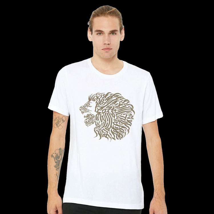Premium white t-shirt with gold Arabic calligraphy for cultural fashion and high-end digital printing. Perfect for influencers, street style fans, and trendsetters looking for bold identity fashion.
