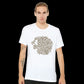 Premium white t-shirt with gold Arabic calligraphy for cultural fashion and high-end digital printing. Perfect for influencers, street style fans, and trendsetters looking for bold identity fashion.